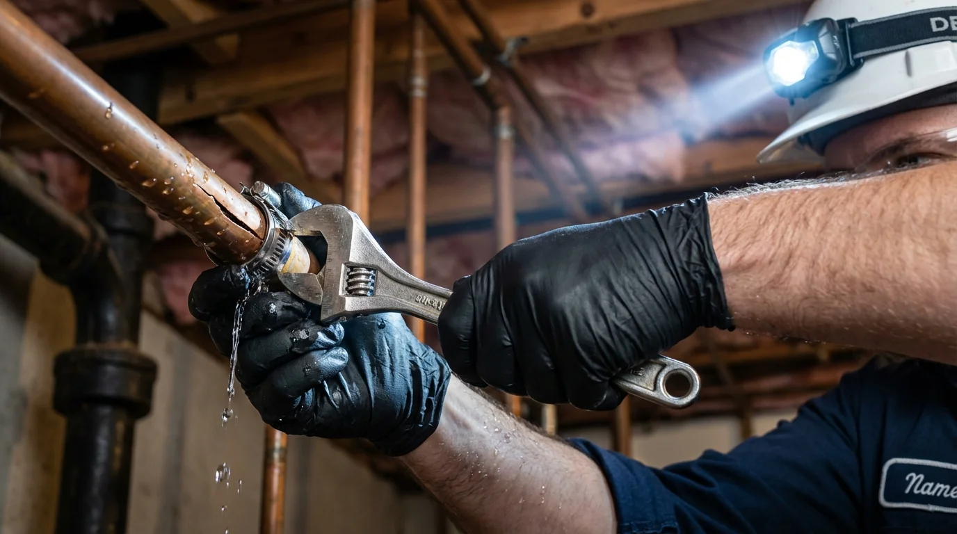 Emergency pipe clamp repair being performed by a Johns Plumbing LLC plumber in Colusa